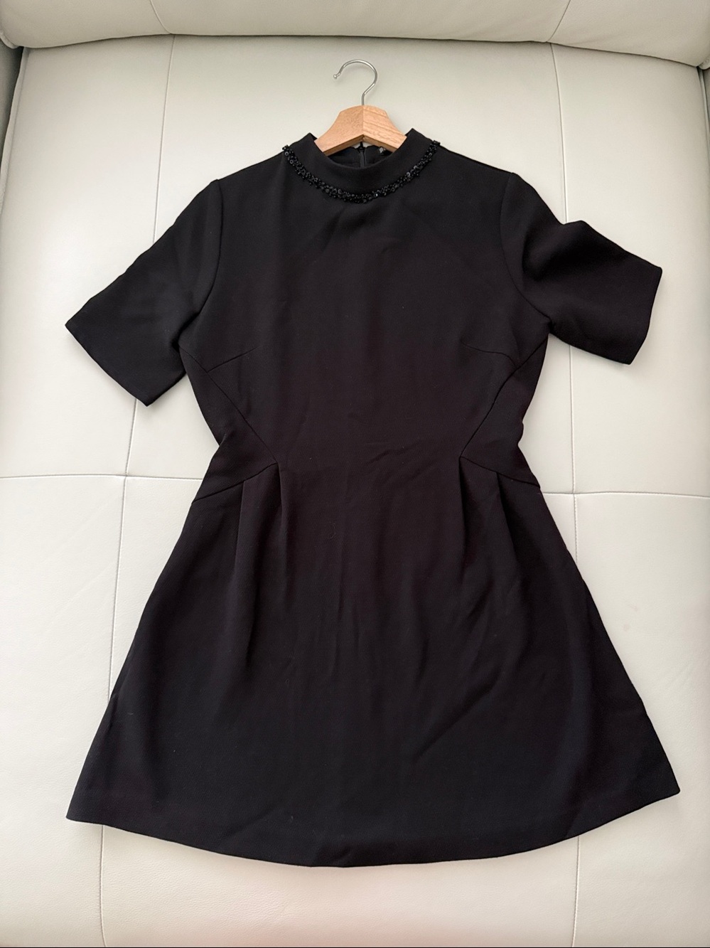 Zara Black Short Sleeve A-Line Dress with Beaded Collar